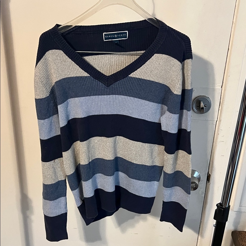 Karen Scott Navy and Gray Striped Sweater